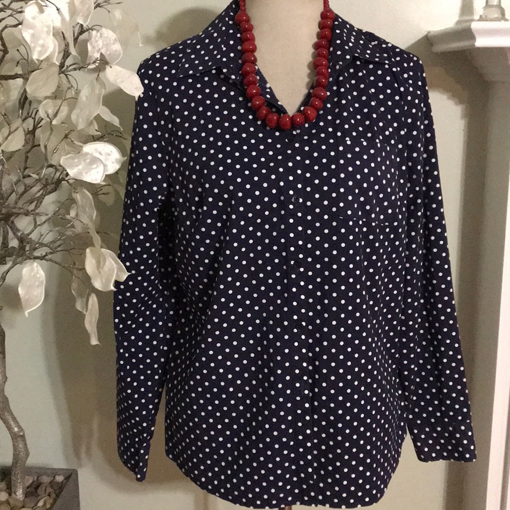 Jones New York Dark Blue Polka Dot Blouse